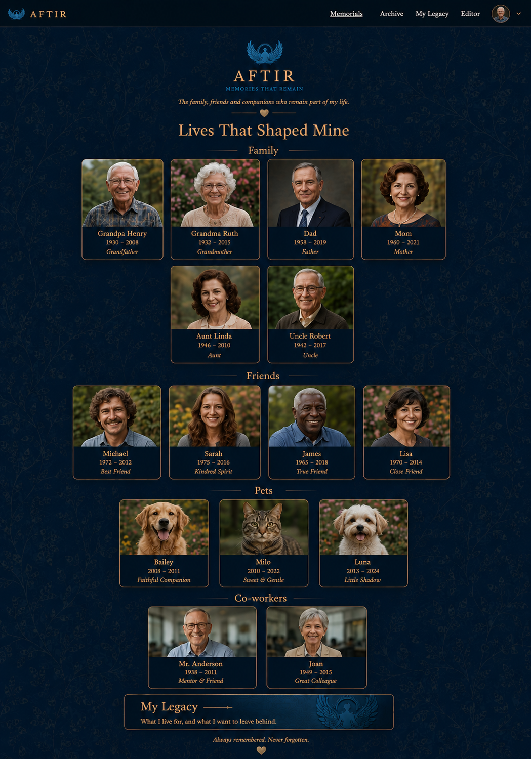 Example personal archive with organized memorials for family, friends, pets, and coworkers